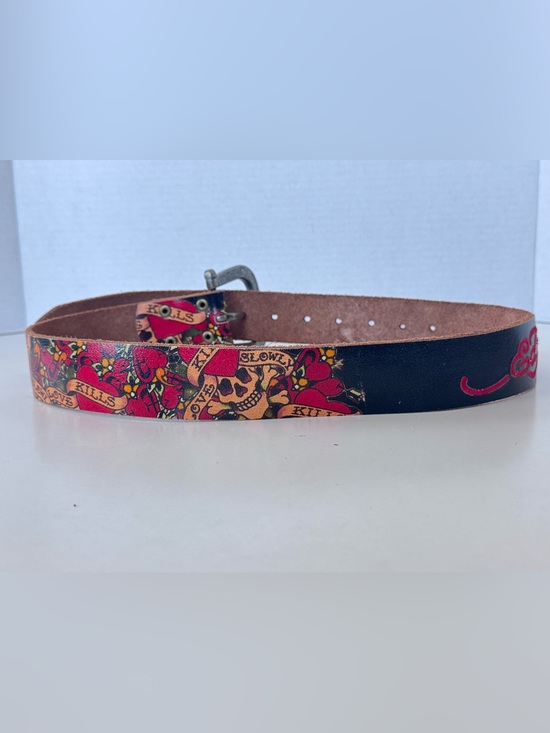 Ed Hardy Y2K red Distressed Leather Studded skull heart love Belt main image 7